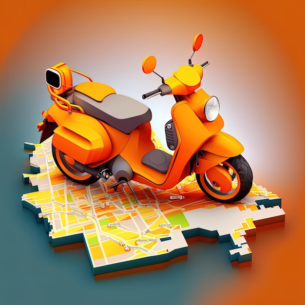 Aplicativo móvel on-line de encomenda de motocicletas serviço de motocicleta laranja dirigindo ao longo da rota para o marcador em um smartphone em um mapa da cidade conceito de sistemas de navegação de motocicleta IA generativa