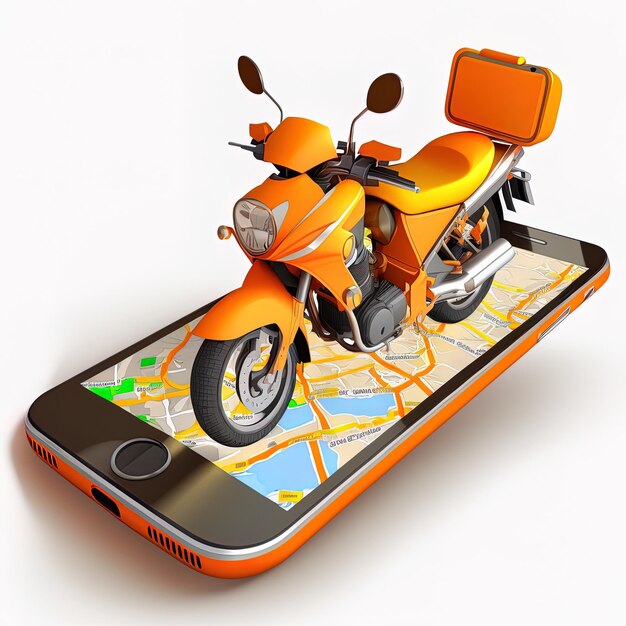 Aplicativo móvel on-line de encomenda de motocicletas serviço de motocicleta laranja dirigindo ao longo da rota para o marcador em um smartphone em um mapa da cidade conceito de sistemas de navegação de motocicleta IA generativa