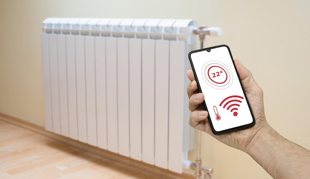 Aplicativo móvel que regula a temperatura de aquecimento controle wifi moderno.