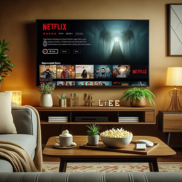 Aplicativo Netflix de escape cinematográfico na tela da TV transformando sua sala em um paraíso de entretenimento