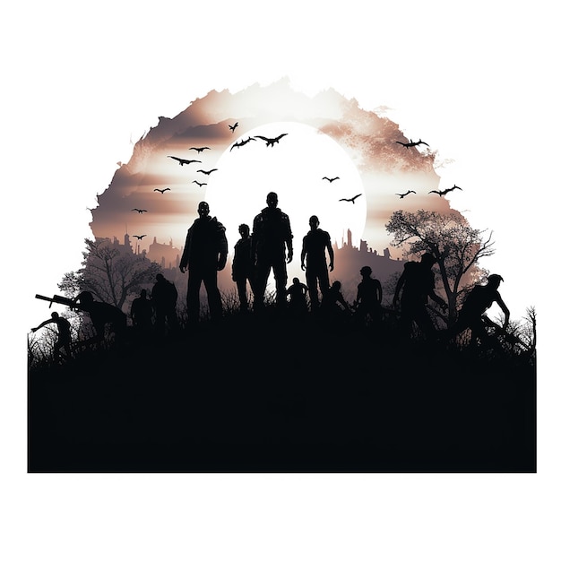 Apocalipsis zombie Diseña una escena con siluetas de zombies contra una pegatina iluminada por la luna.
