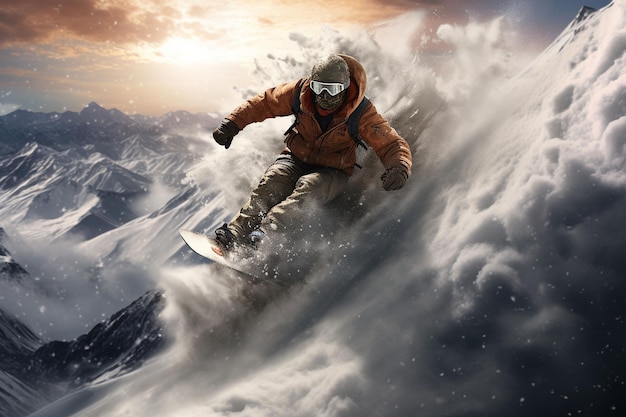 Una apocalíptica aventura de snowboard renderizada por Generative ai