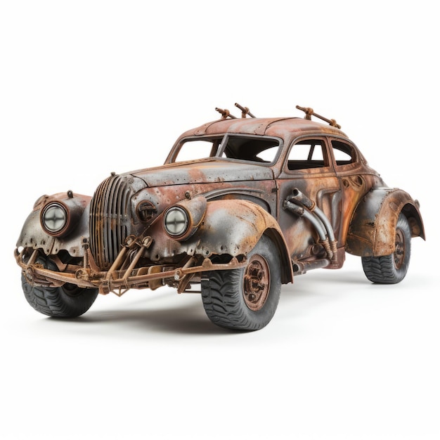 Apocalíptico coche de madera oxidado con detalles metálicos estilo Frank McCarthy