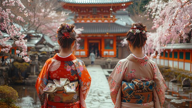 Foto durante el apogeo de la floración de los cerezos, las damas japonesas en trajes tradicionales de yukata pasan por un santuario en japón.