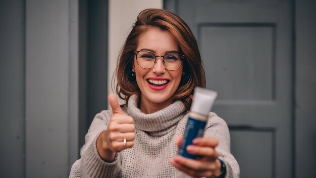 Foto apoio e otimismo feliz bonita mulher europeia morena em óculos e camisola mostrando polegares u