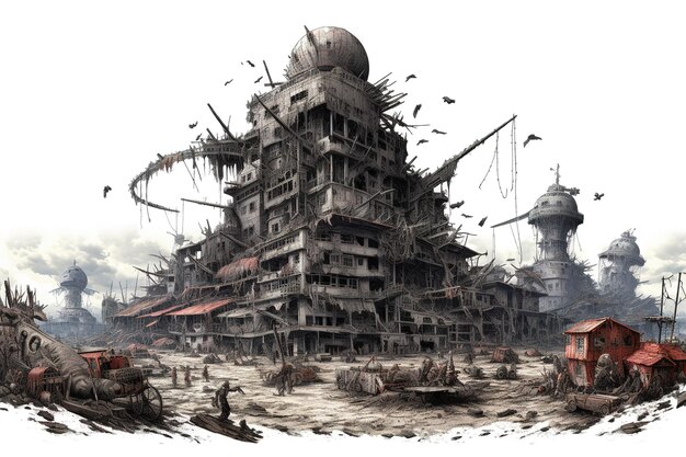 Apokalypse-Konzept zerstörtes Gebäude isoliert auf weißem Hintergrund, generiert durch KI