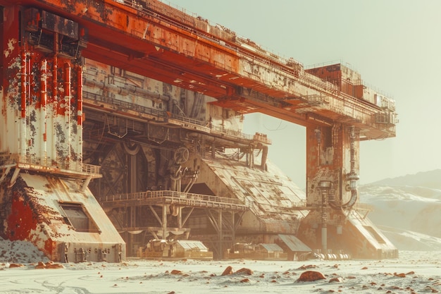 Apokalyptische Industrielandschaft mit verlassenen, rostigen Maschinen unter hartem Sonnenlicht
