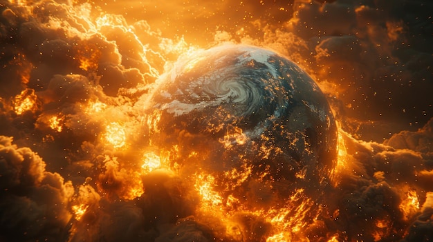 Apokalyptische Vision Tierra del Fuego in Flammen vergraben inmitten des Abgrundes des Weltraums eine schreckliche Warnung vor der globalen Erwärmung und dem Klimawandel