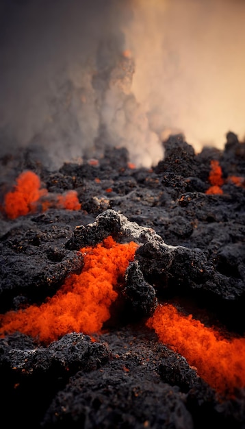 Apokalyptische Vulkanlandschaft mit heiß fließender Lava und Rauch- und Aschewolken 3D-Illustration