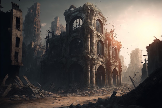 Apokalyptischer Blick auf zerstörte Stadtgebäude nach der Apokalypse nach dem Weltkrieg generative KI
