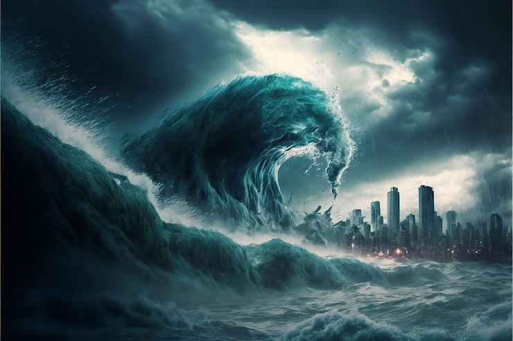 Foto apokalyptischer dramatischer riesiger tsunami bewegt naturseeozean wellenartig