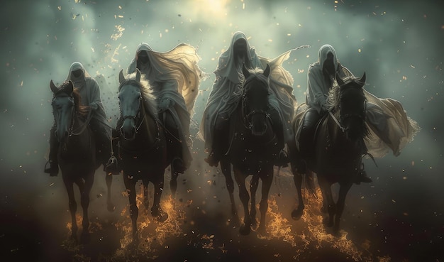 Apokalyptisches Quartett Vier Reiter der Apokalypse die mythischen Figuren, die Eroberung, Krieg, Hungersnot und Tod symbolisieren, die kataklysmische Ereignisse verkünden