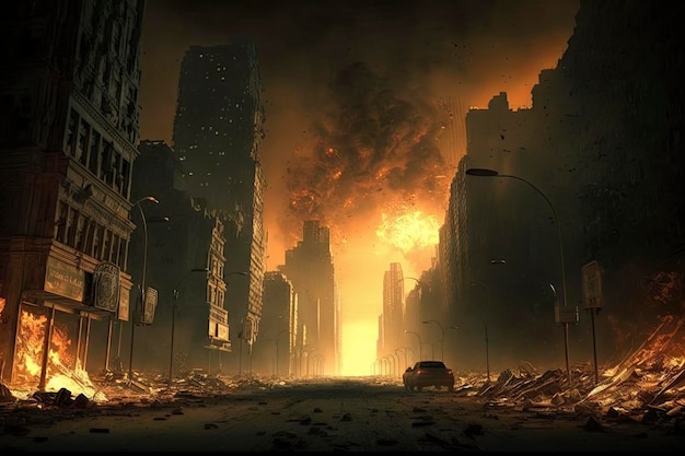 Apokalyptisches Stadtbild mit brennenden Straßen