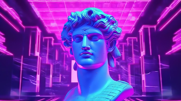 Apollo Head de uma escultura antiga em luz neon Dia dos Namorados Escultura grega em design moderno Deus grego Arte Luz neon retrowave Poster banner