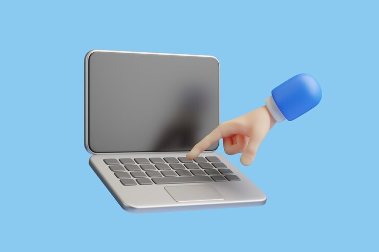 Foto apontando com a mão 3d para o teclado do portátil