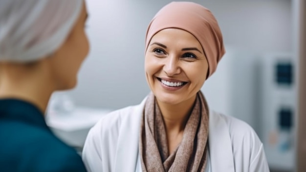 Após a quimioterapia, um paciente com câncer visita o médico do hospital usando um lenço The Generative AI