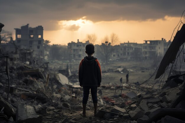 Após as guerras, a criança está em frente a um edifício destruído em um silêncio sombrio.