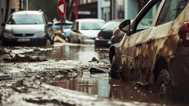 Após o desastre natural, carros inundaram as ruas urbanas