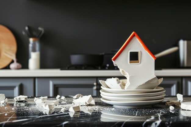 Após o terremoto, modelo de casa e pratos quebrados