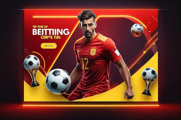 Foto apostas desportivas bandeira vermelha digital com jogador de futebol anel de néon amarelo no fundo