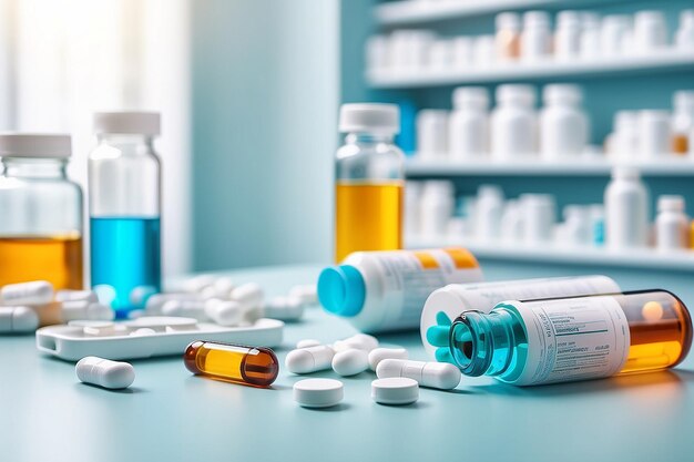 Apotheke Apotheke verschwommener Hintergrund medizinische Pillen und Flaschen auf dem Tisch Gesundheitskonzept