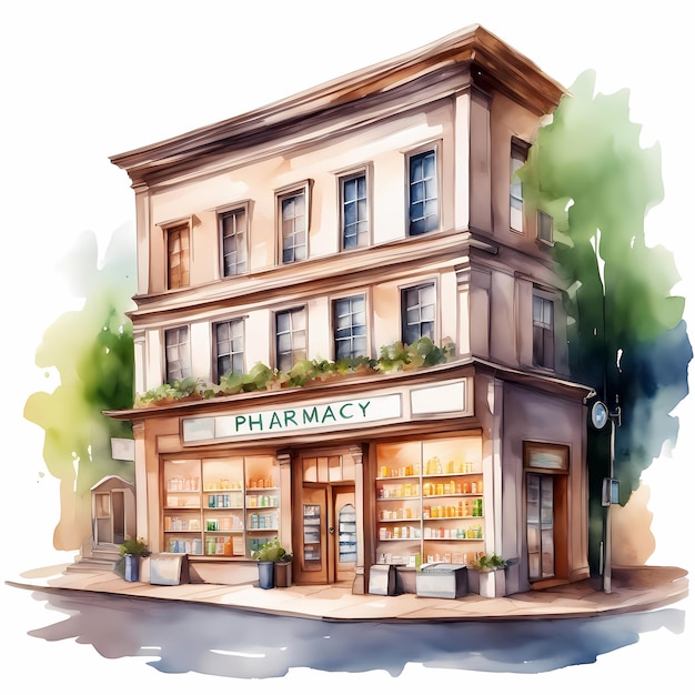 Apotheke in einem Wohngebäude Akvarell handgemalte Illustration