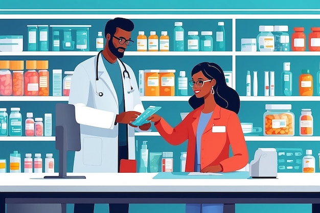 Foto apotheker, arzt und patient in der apotheke eine kundin kauft medikamente in einer apotheke vektorillustration im flachen stil