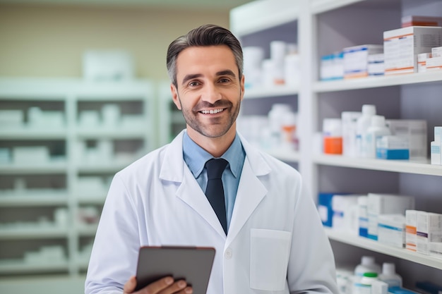 Apotheker Lächeln Selbstbewusster Mann in weißem Mantel mit Aufnahmetafel und Medikamenten