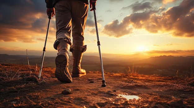 Apoye la caminata con bastón de trekking y la puesta de sol en el paisaje de fondo.