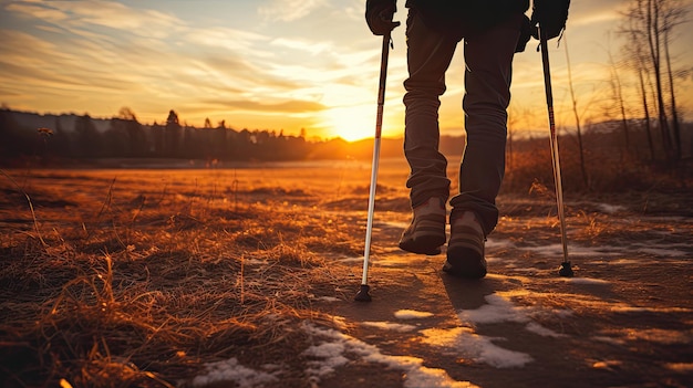 Foto apoye la caminata con bastón de trekking y la puesta de sol en el paisaje de fondo.