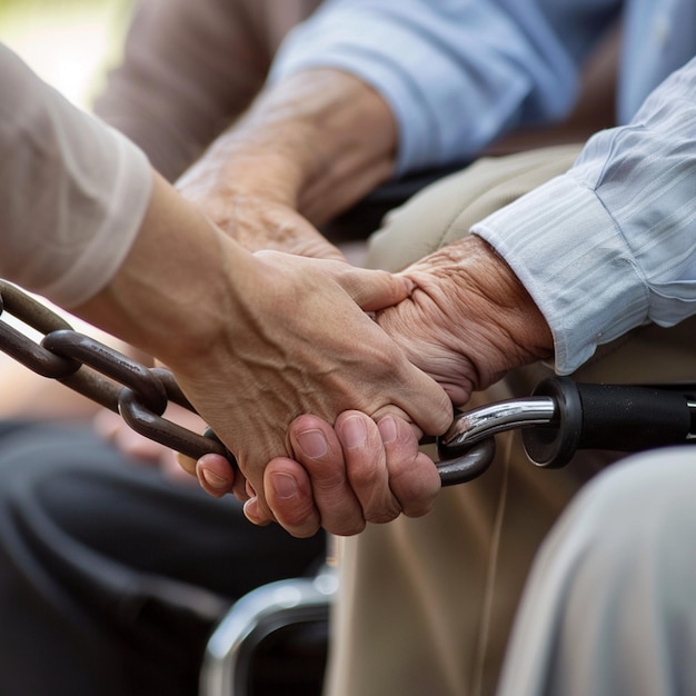 Foto apoyo y cuidado en la asistencia a ancianos en silla de ruedas