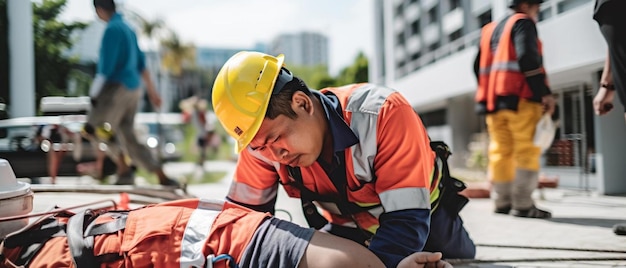 Foto apoyo de primeros auxilios accidente en el sitio de trabajo accidente de constructor caída de andamios al equipo de seguridad del piso