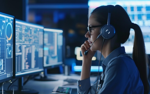 Apoyo técnico trabajando en computadora en la sala de control y usar auriculares con micrófono