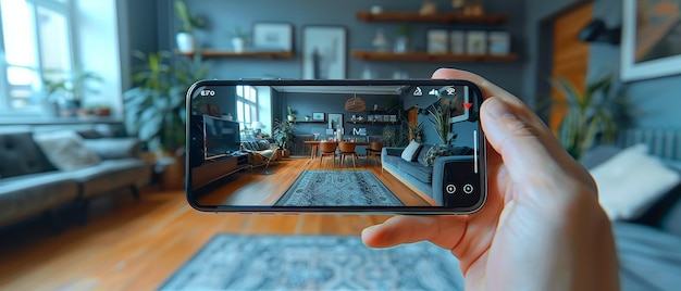 Foto app-bildschirm für smart-home-technologie mit erweiterter realität ar-ansicht von verbundenen objekten in der wohnung innenpersönlichkeitshaltegerät