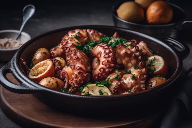 Foto appetitlich gebackener oktopus mit kartoffeln und gemüse generative ai