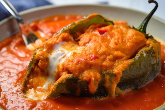 Appetitliche Nahaufnahme von Chiles Rellenos, gefüllt mit Hähnchenschnitzel und garniert mit einer pikanten Tomate