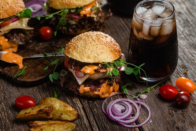 Foto appetitlicher burger mit hähnchenschnitzel auf einem holzbrett