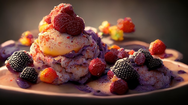 Appetitliches Dessert mit Eis mit Früchten und Beeren 3D-Darstellung