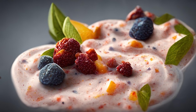 Appetitliches Dessert mit Eis mit Früchten und Beeren 3D-Darstellung