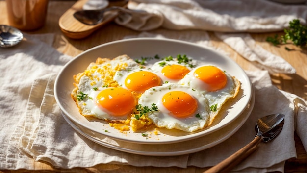 Appetitreiche gebratene Eier auf einem Teller in der Küche