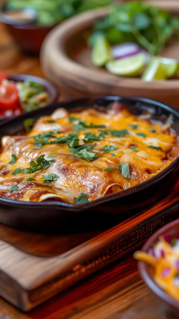 Appetitreiche Käse-Enchiladas auf einem Teller mit frischen Toppings