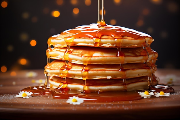 Appetitreiche Pfannkuchen mit Ahornsirup oder Honig Kulinarische Nahaufnahme