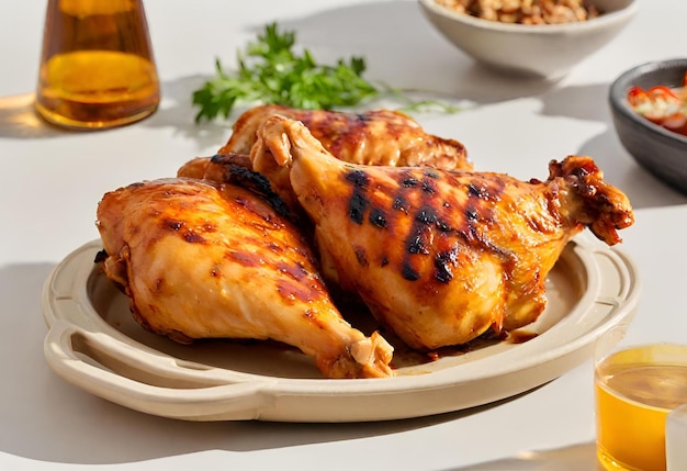 Appetitvolle, saure, gegrillte Hühnerhälfte mit goldenbrauner Kruste, die mit Barbecue serviert werden
