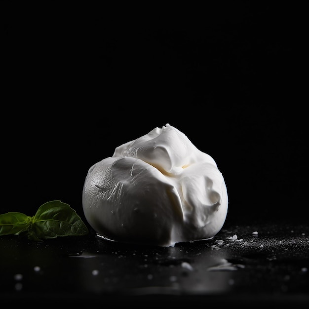 Appetitzender, lecker eingelegter Burrata-Käse mit Creme, isoliert auf schwarzer Nahaufnahme italienische Küche