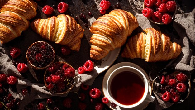 Foto appetizantes croissants con frambuesas sobre un fondo viejo