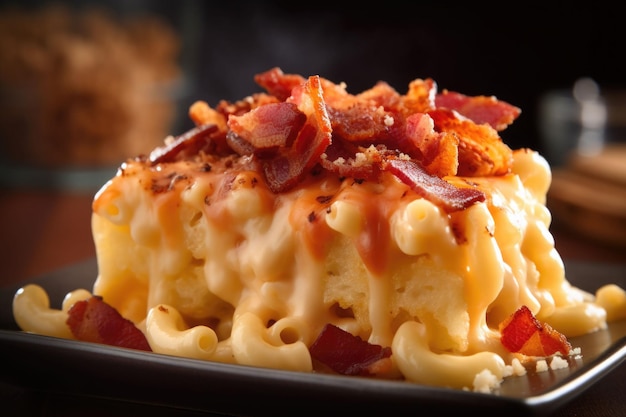 Appetizierende Mac and Cheese in einer Schüssel mit Speck oben im Ofen gebacken Generative KI