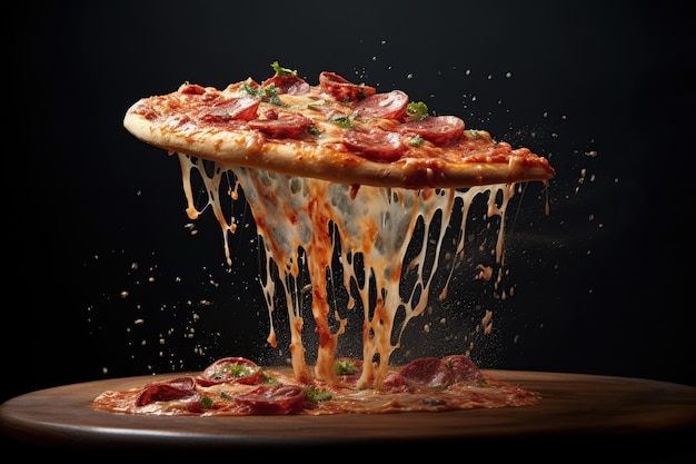 Appetizierende Pizza und Pizza-Stücke Levitation dehnbarer verarbeiteter Käse Generative KI