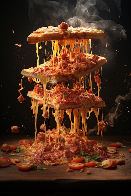 Appetizierende Pizza und Pizza-Stücke Levitation dehnbarer verarbeiteter Käse Generative KI