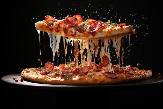 Appetizierende Pizza und Pizza-Stücke Levitation dehnbarer verarbeiteter Käse Generative KI