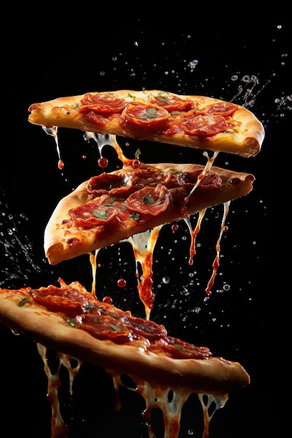 Appetizierende Pizza und Pizza-Stücke Levitation dehnbarer verarbeiteter Käse Generative KI